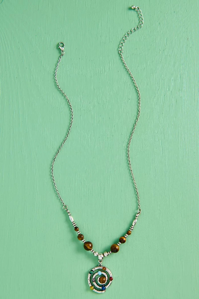Multi Stone Solar Spiral Hammered Necklace