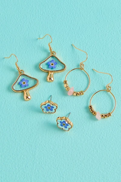 Flowerpress Quartz Gold Mushroom Earring Set