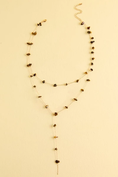 Tiger's Eye Dainty Stone Chip Lariat Necklace