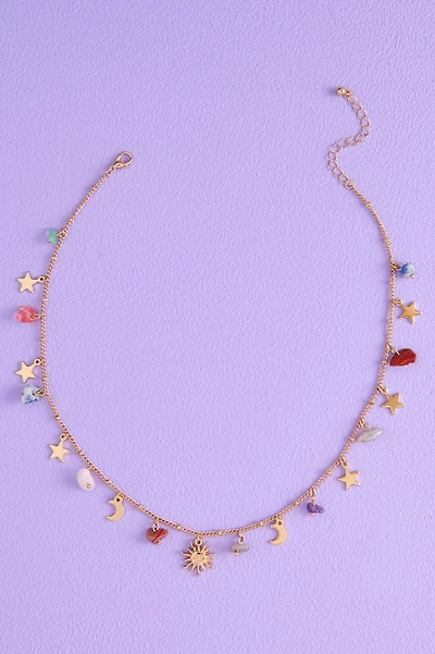 Mutli Stone Mini Gold Metal Charm Necklace