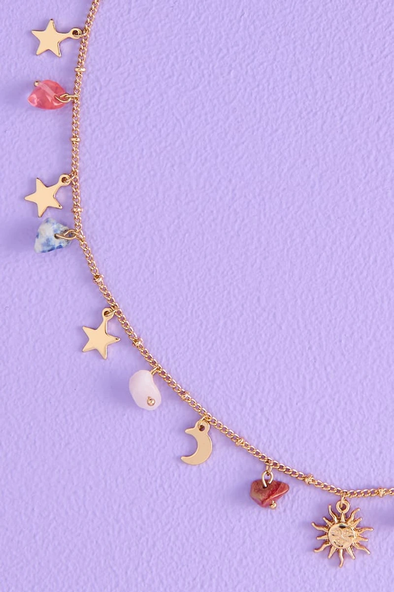 Mutli Stone Mini Gold Metal Charm Necklace