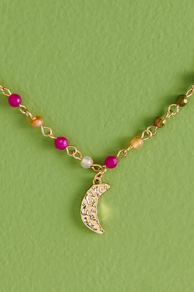 Multi Stone Hammered Moon Necklace