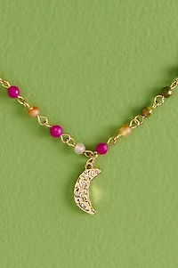 Multi Stone Hammered Moon Necklace