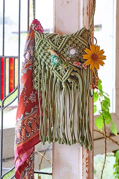 Olive Macrame Fringe Crossbody Bag