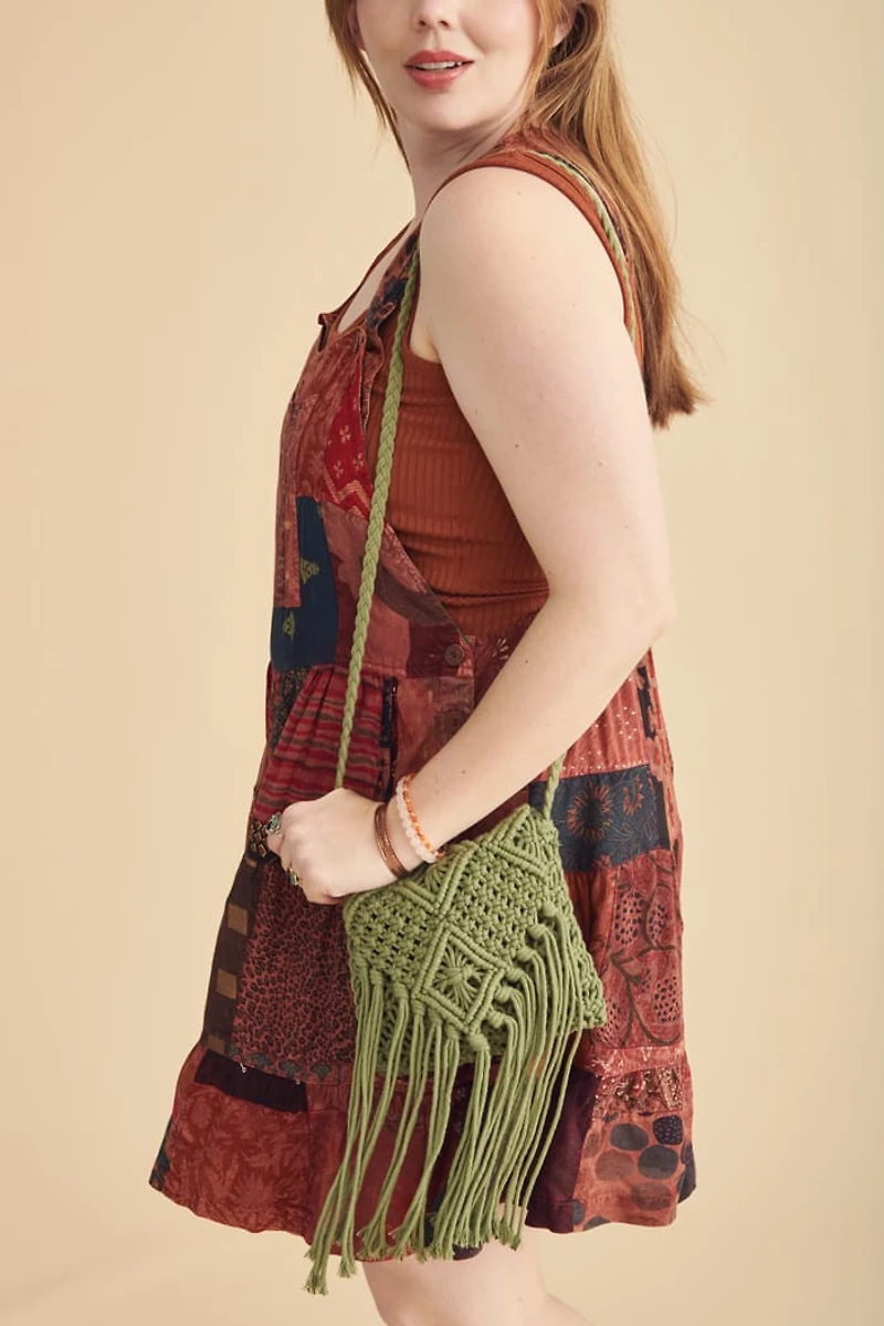 Olive Macrame Fringe Crossbody Bag