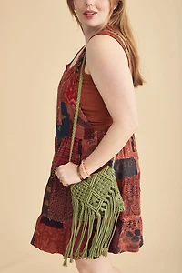 Olive Macrame Fringe Crossbody Bag