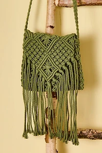 Olive Macrame Fringe Crossbody Bag