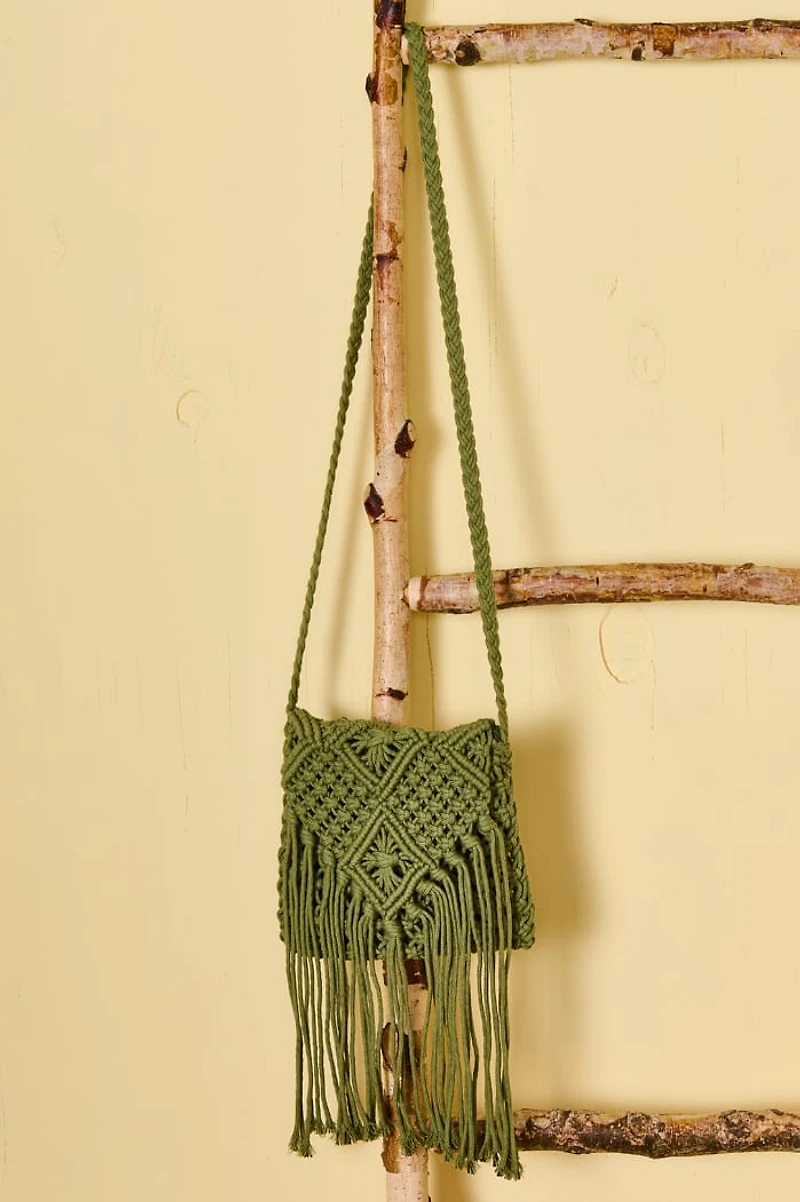 Olive Macrame Fringe Crossbody Bag