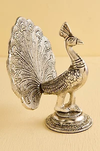 Silver Open Feather Peacock Metal Figurine