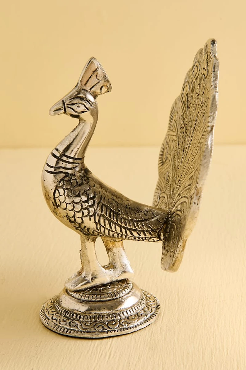 Silver Open Feather Peacock Metal Figurine