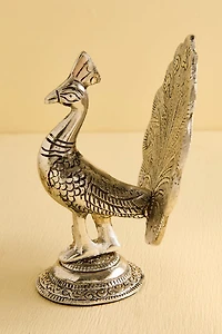 Silver Open Feather Peacock Metal Figurine