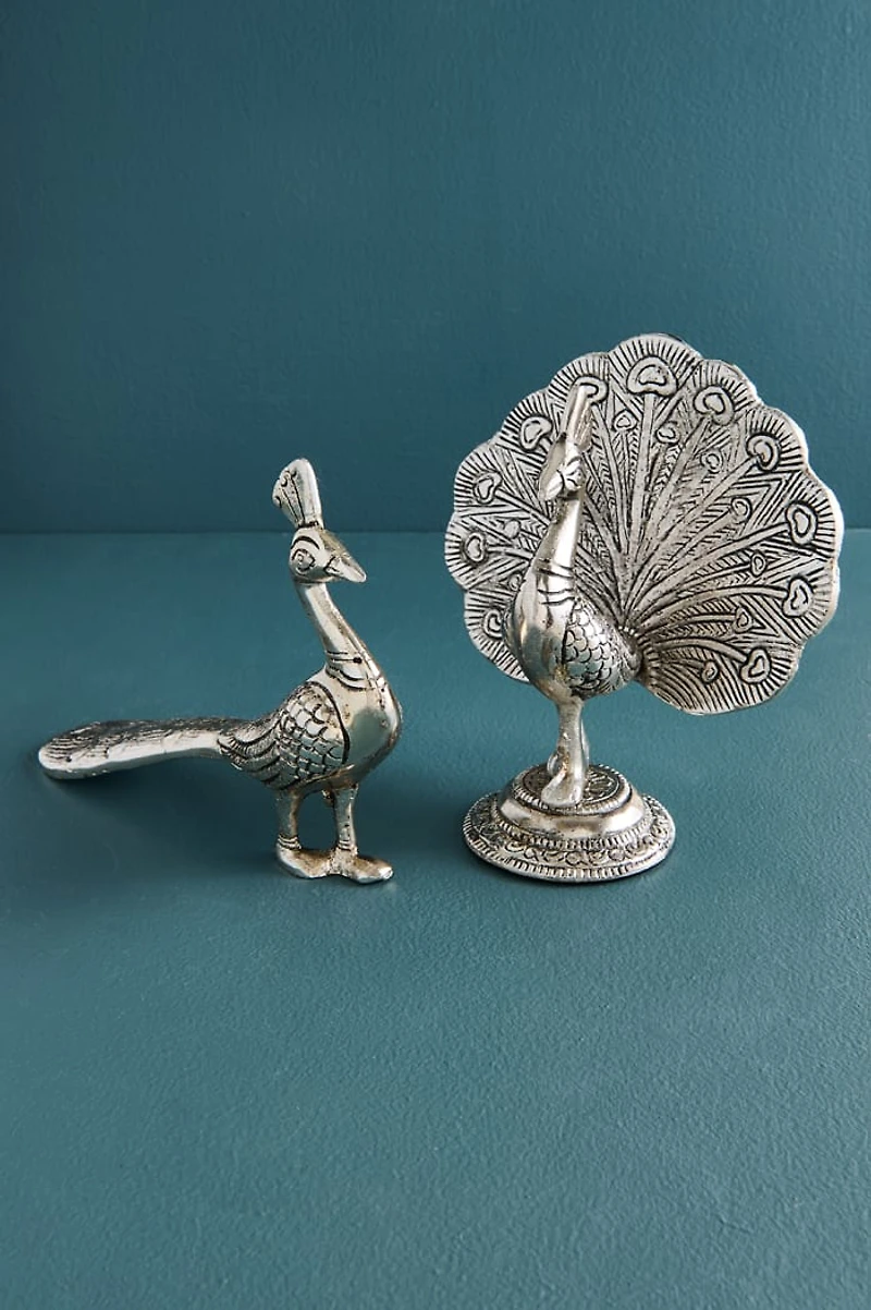 Silver Closed Feather Peacock Metal Figurine