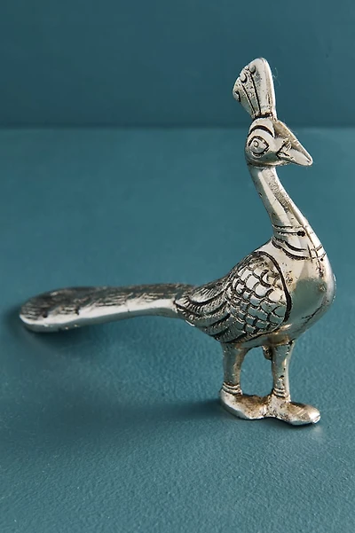 Silver Closed Feather Peacock Metal Figurine