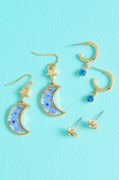 Flowerpress Crescent Moon Gold Earring Set
