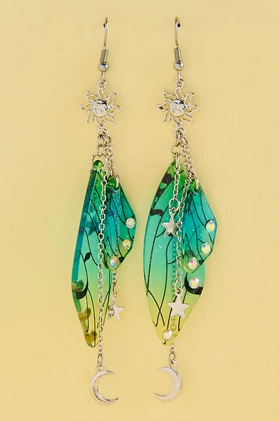 Green Glitter Celestial Fairy Wing Earrings