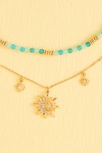 Blue Mini Glass Bead Sun Necklace Set