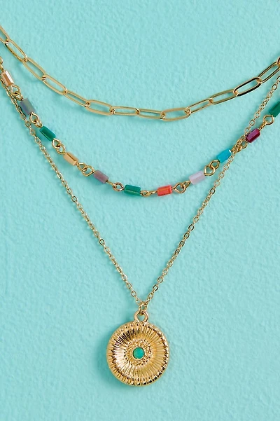 Boho Layered Gold Pendant Necklace - Glass Bead Hippie Jewelry | Shop Now