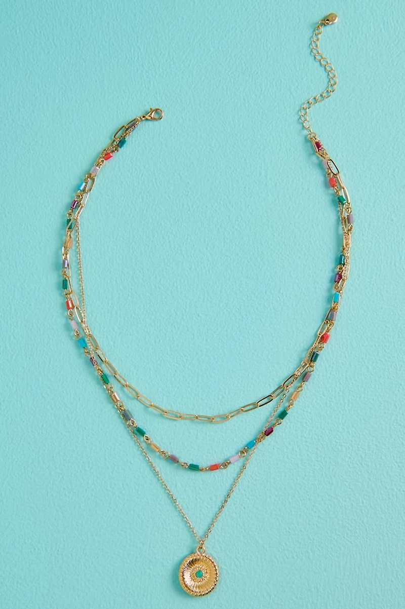 Boho Layered Gold Pendant Necklace - Glass Bead Hippie Jewelry | Shop Now