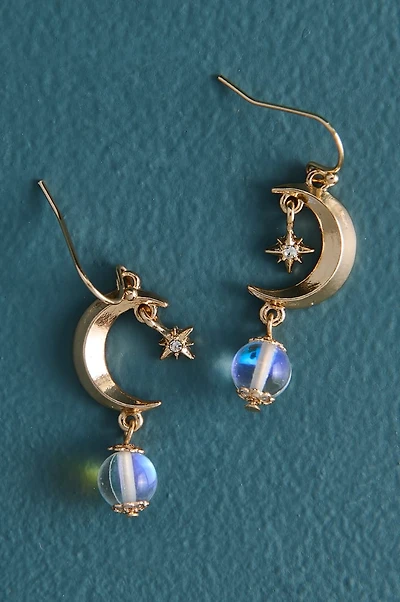Crescent Moon Blue Aura Bead Dangle Earrings