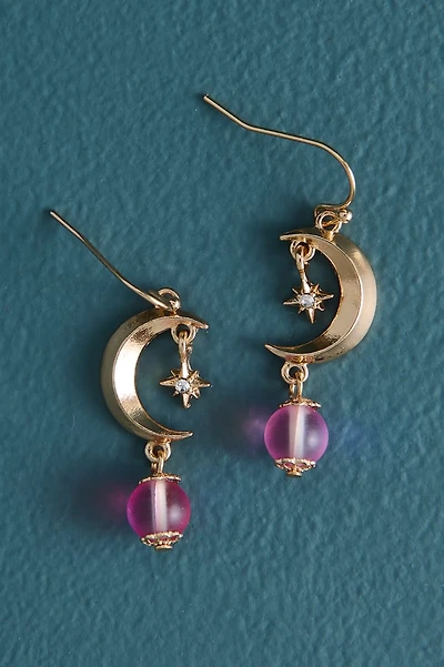Crescent Moon Clear Aura Bead Dangle Earrings