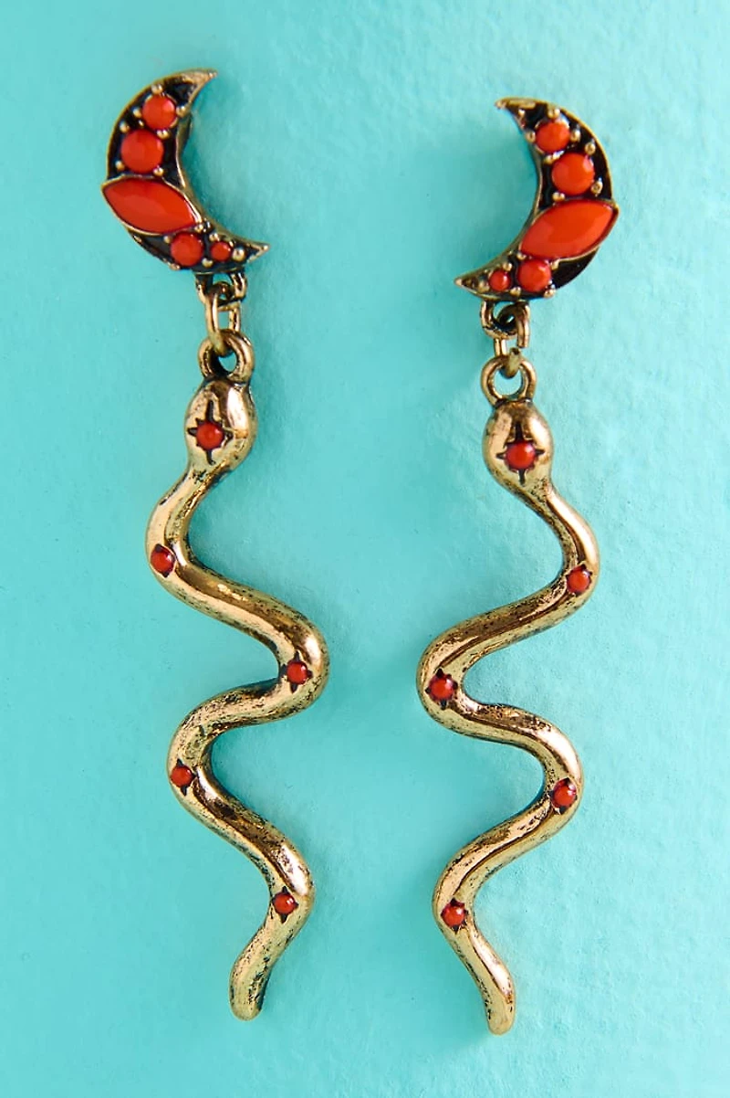 Orange Glass Moon Snake Dangle Earrings