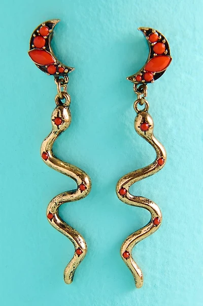 Orange Glass Moon Snake Dangle Earrings