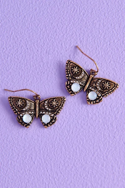 Antique Gold Celestial Moth Dangle Earrings