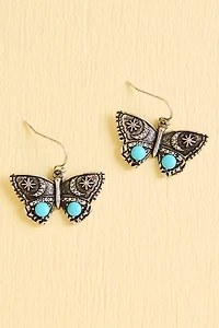 Silver Turquoise Glass Butterfly Dangle Earrings
