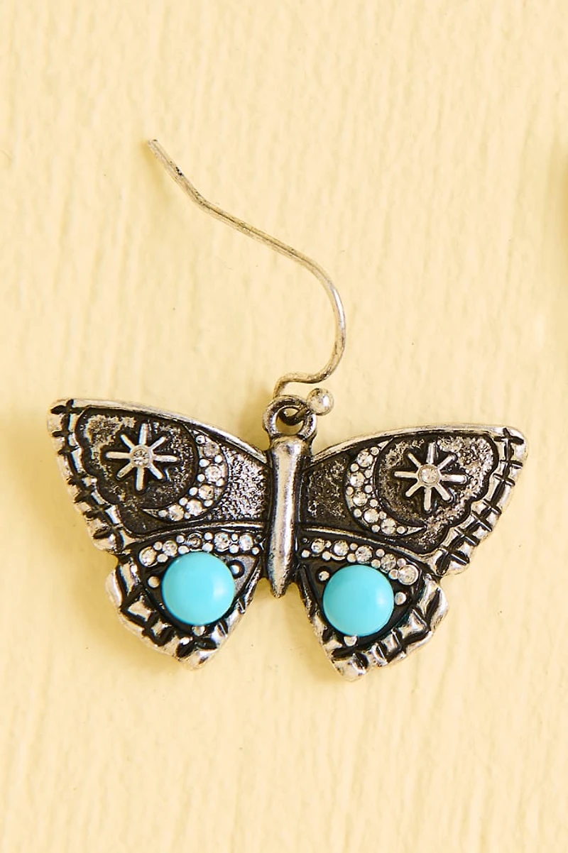 Silver Turquoise Glass Butterfly Dangle Earrings