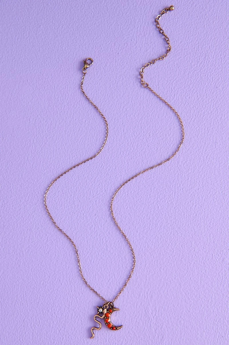 Orange Glass Moon Snake Necklace