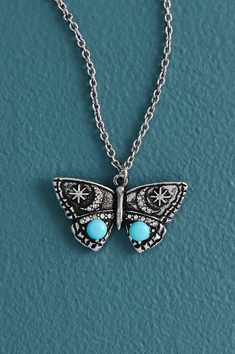Silver Turquoise Glass Butterfly Necklace