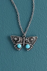 Silver Turquoise Glass Butterfly Necklace