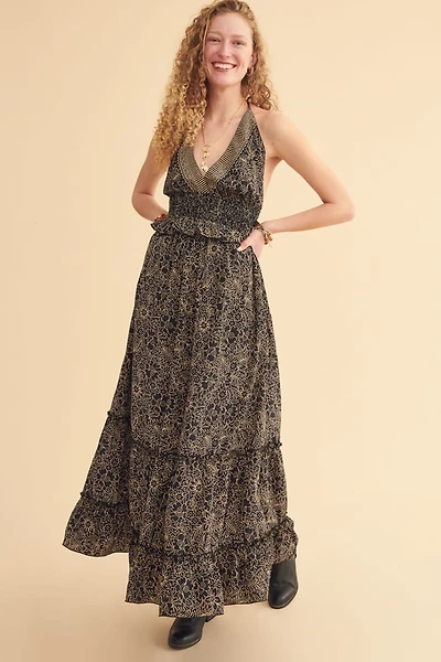 Navy Floral Sari Halter Maxi Dress