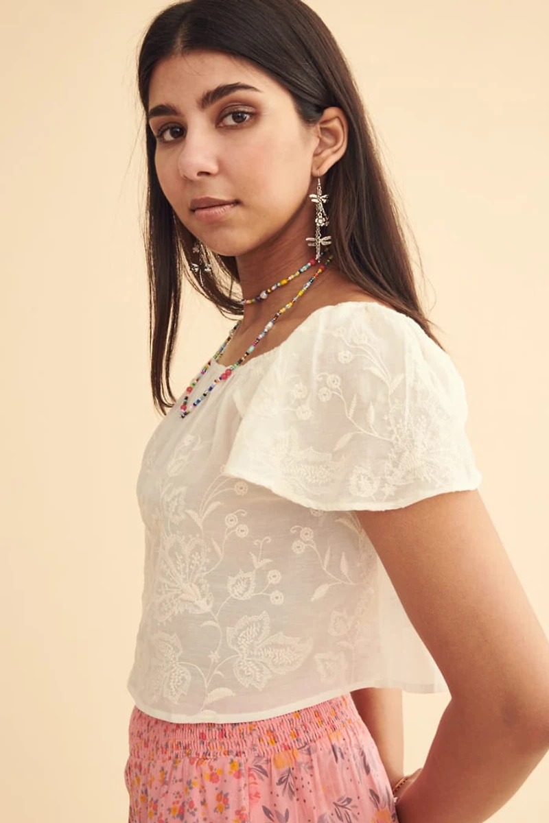 White Embroidered Off Shoulder Peasant Top