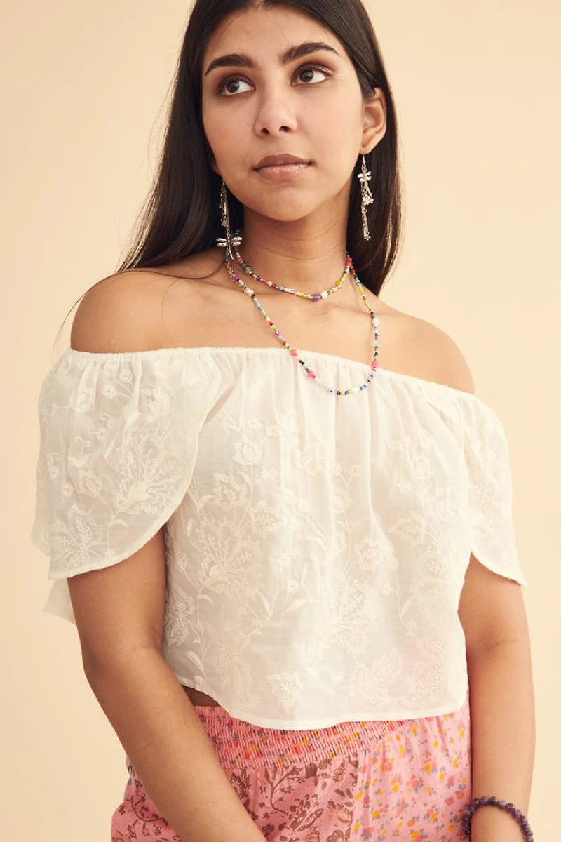 White Embroidered Off Shoulder Peasant Top