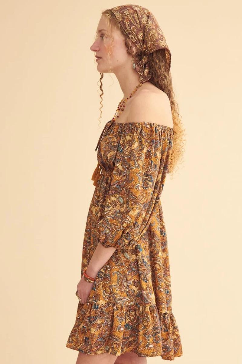 Yellow Sari Off Shoulder Peasant Dress