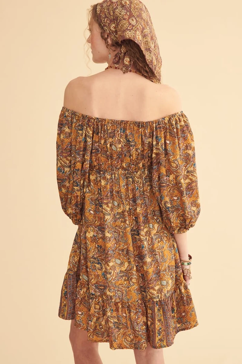 Yellow Sari Off Shoulder Peasant Dress