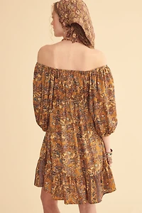 Yellow Sari Off Shoulder Peasant Dress