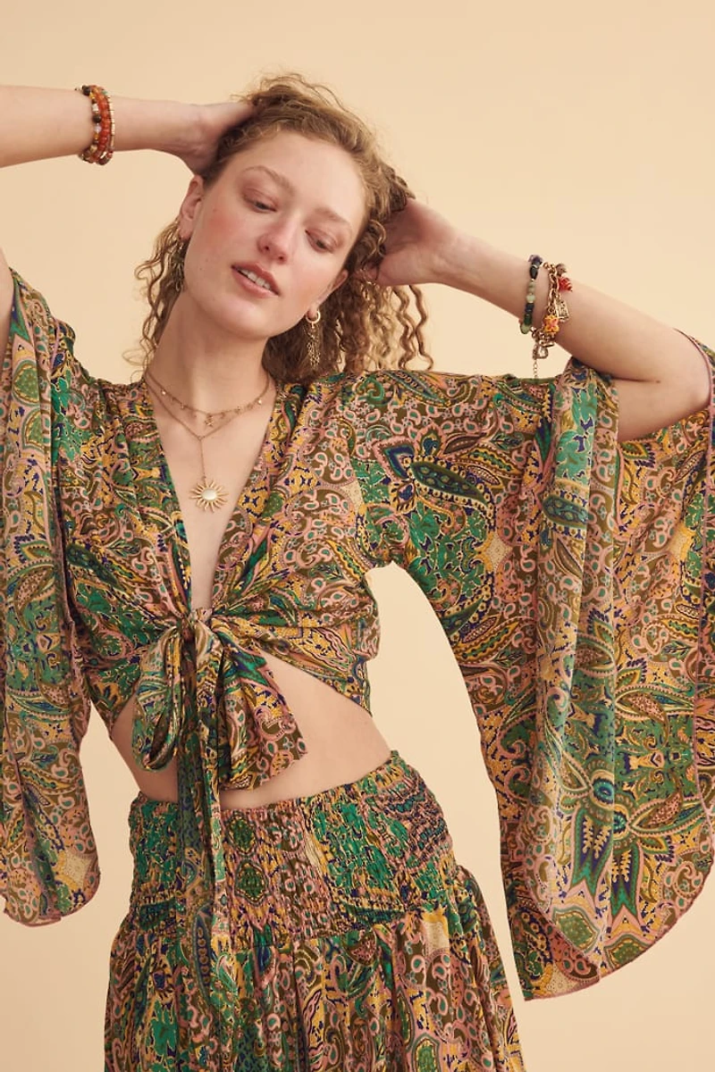 Nymph Paisley Bell Sleeve Cropped Top