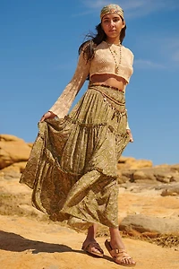 Olive Paisley Sari Tiered Maxi Skirt