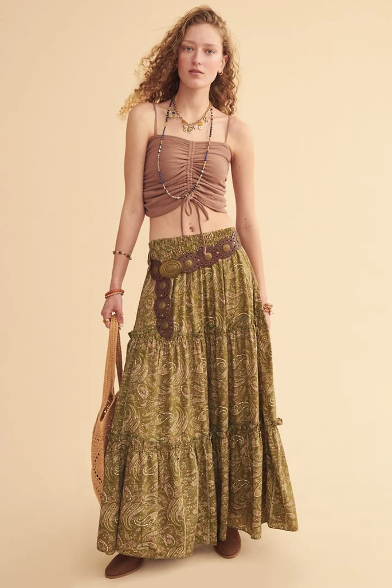 Olive Paisley Sari Tiered Maxi Skirt