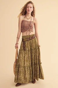 Olive Paisley Sari Tiered Maxi Skirt