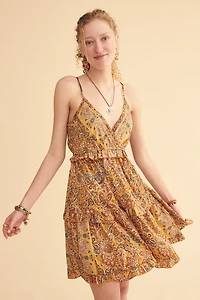 Yellow Paisley Ruffle Sari Mini Dress
