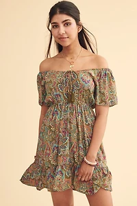 Teal Paisley Off Shoulder Sari Mini Dress
