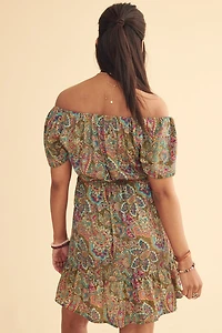 Teal Paisley Off Shoulder Sari Mini Dress