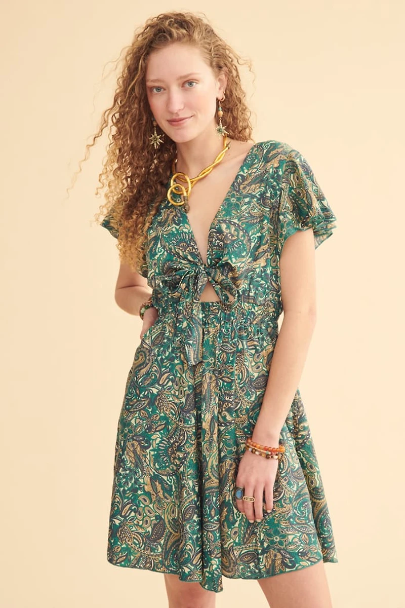 Blue Paisley Sari Tie Front Dress