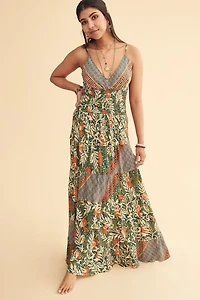Tropical Floral Sari Shirred Waist Maxi Dress