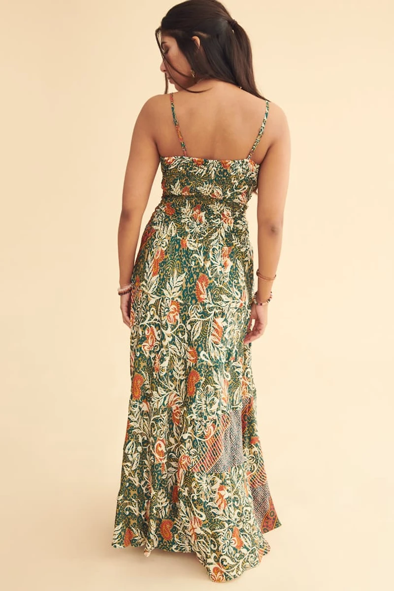 Tropical Floral Sari Shirred Waist Maxi Dress