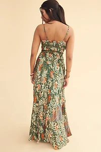 Tropical Floral Sari Shirred Waist Maxi Dress