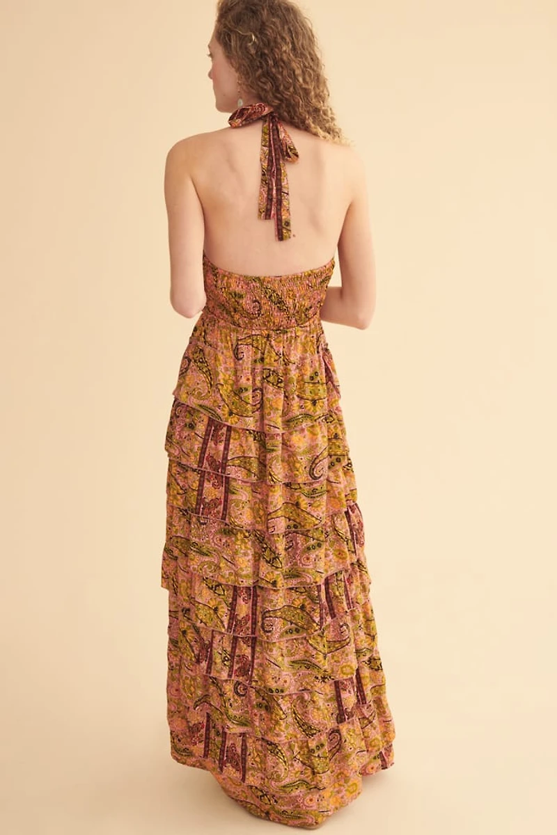 Peach Floral Tiered Ruffle Maxi Dress